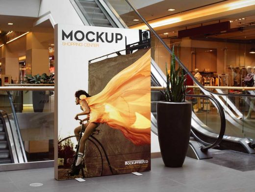3 Indoor Shopping Mall Portrait Mode Billboards PSD Mockup