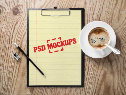 A4 Paper Sheet Clipboard & Cappuccino Cup PSD Mockup