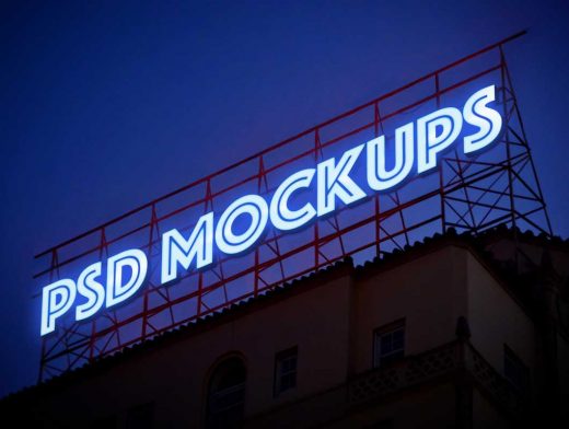 Backlit Neon Roof Billboard Advertising PSD Mockup