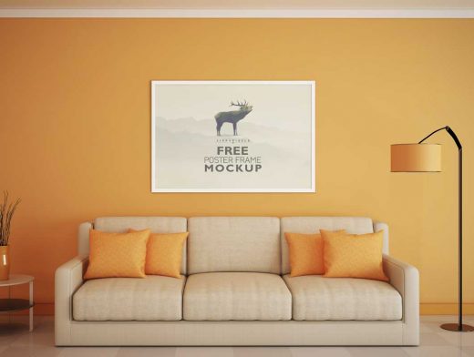 Beautiful Poster Frame Above Living Room Couch Scene PSD Mockup