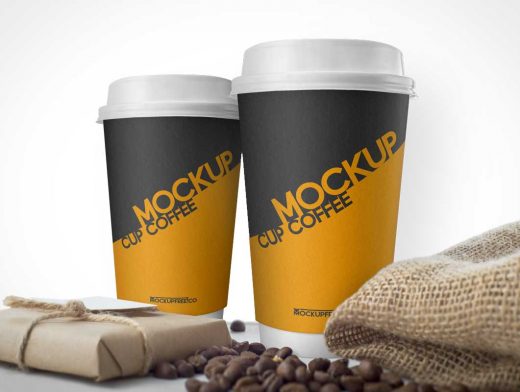 Coffee Cups & Burlap Beans Sack PSD Mockup