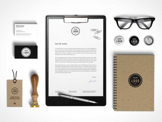 Corporate Stationery Branding PSD Mockup With Spectacles, Seal and Flair