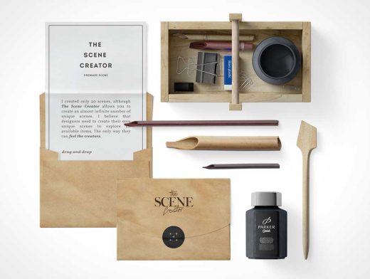Designers Wooden Toolbox Kit Scene Creator PSD Mockup