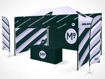 Folding Trade Show Studio Booth Tent & Table PSD Mockup