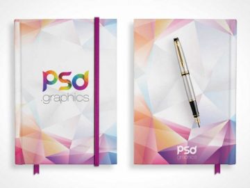 Hardcover Notepad Front, Back Covers & Fountain Pen PSD Mockup