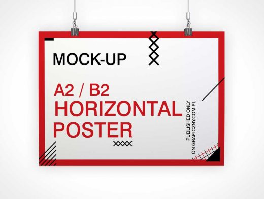 Horizontal Poster PSD Mockup With Binder Clips