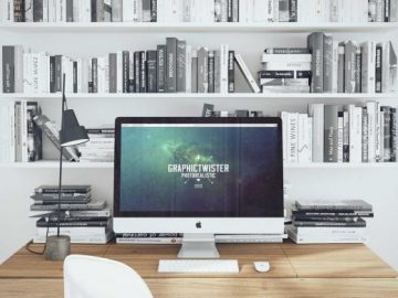 iMac Workspace Desk And BookShelf PSD Mockup