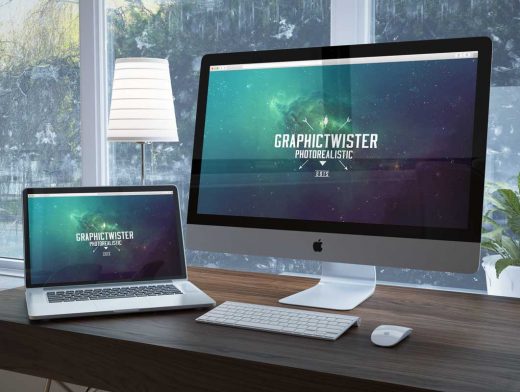 MacBook And Monitor Unique Workspace PSD Mockup