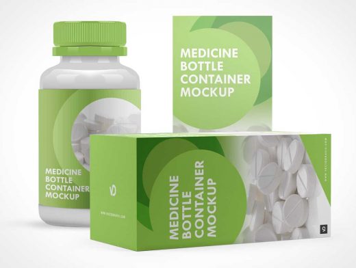 Medicine Pill Bottle, Box Packaging & Child Proof Twist Cap PSD Mockup