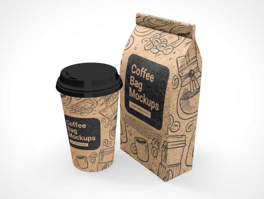 Paper Cup & Ground Coffee Beans Bag PSD Mockup
