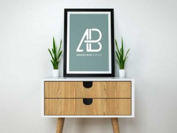Poster & Frame Over Credenza With Drawers PSD Mockup