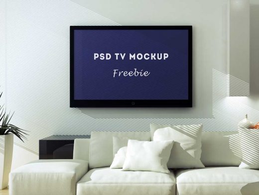 TV PSD Mockup Hangs in Metropolitan Livingroom Scene