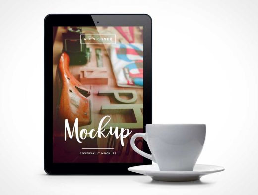 Upright Tablet PSD Mockup with Porcelain Coffee Cup