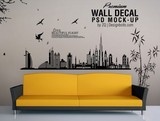 Vinyl Decal Wall Art PSD Mockup Couch Scene