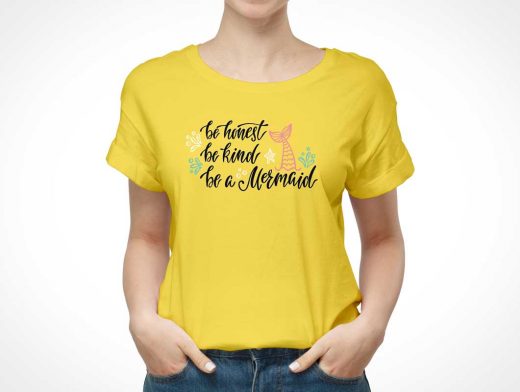 Women's Round Neck T-Shirt Cotton Fabric Front PSD Mockup
