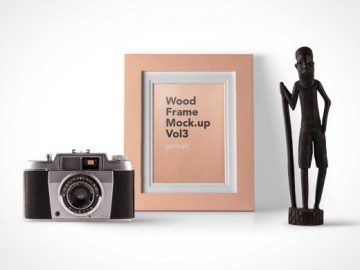 Wood Picture Frame And Vintage Film Camera PSD Mockup