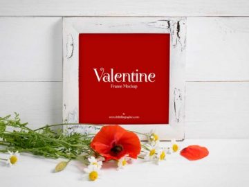 Wooden Square Photo Picture Frame & Valentines Flowers PSD Mockup